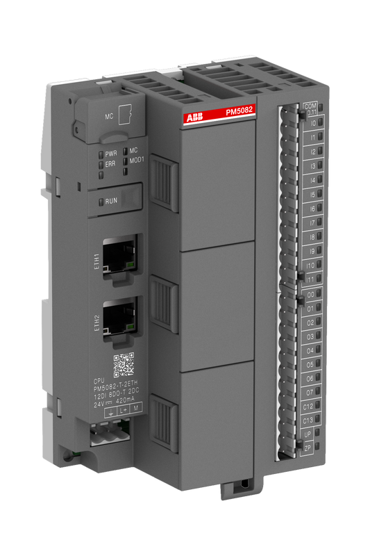 ABB PM5082-T-2ETH: AC500-eCo CPU Processor module. Memory 8MB. 12 DI 24VDC. 8 DO 24VDC 0.5A. 2 DC 24VDC. 2 Ethernet interfaces. 3 option slots.