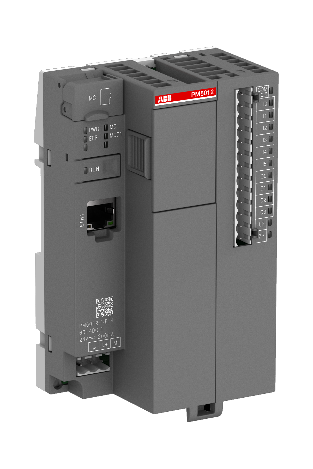 ABB PM5012-T-ETH: AC500-eCo CPU Processor module. Memory 1MB. 6 DI 24 VDC. 4 DO-Transistor 24 VDC. Ethernet. 1 option slot.