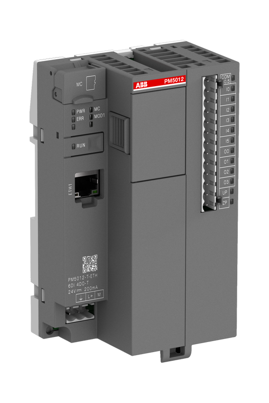 ABB PM5012-T-ETH: AC500-eCo CPU Processor module. Memory 1MB. 6 DI 24 VDC. 4 DO-Transistor 24 VDC. Ethernet. 1 option slot.