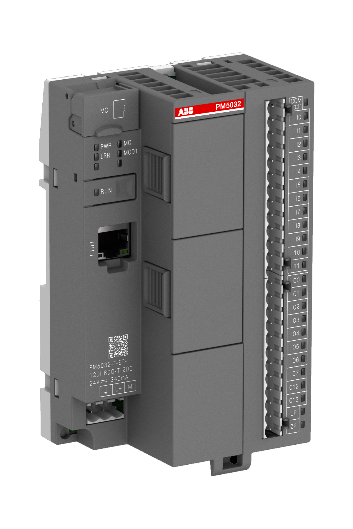 ABB PM5032-T-ETH: AC500-eCo CPU Processor module. Memory 2MB. 12 DI 24VDC. 8 DO 24VDC 0.5A. 2 DC 24VDC. Ethernet. 2 option slots.