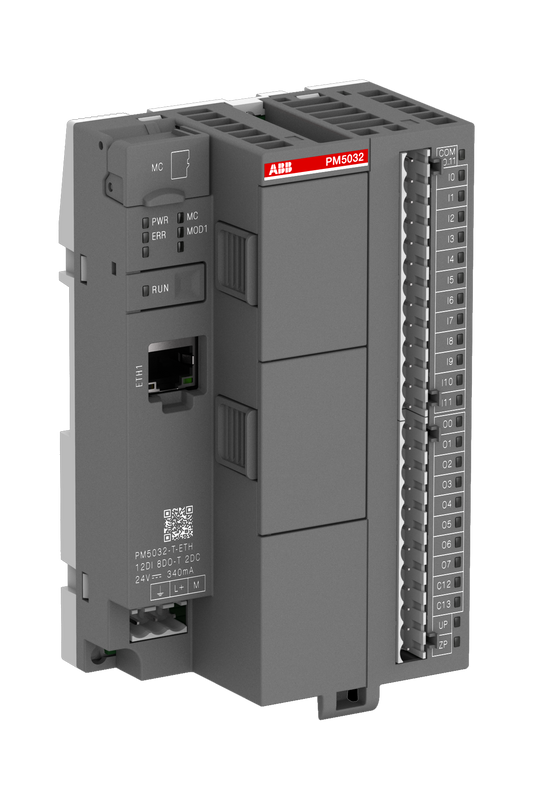 ABB PM5032-T-ETH: AC500-eCo CPU Processor module. Memory 2MB. 12 DI 24VDC. 8 DO 24VDC 0.5A. 2 DC 24VDC. Ethernet. 2 option slots.