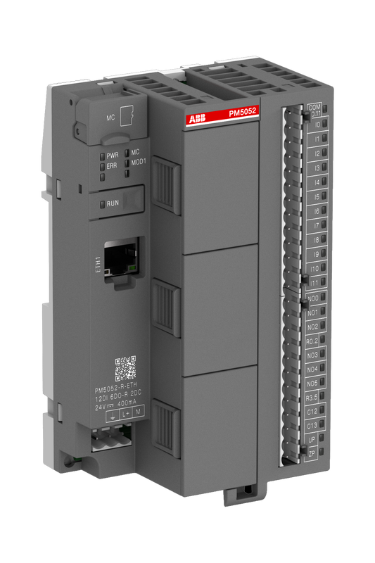 ABB PM5052-R-ETH: AC500-eCo CPU Processor module. Memory 4MB. 12 DI 24 VDC. 6 DO-Relay. 2 DC 24 VDC. Ethernet. 3 option slots.