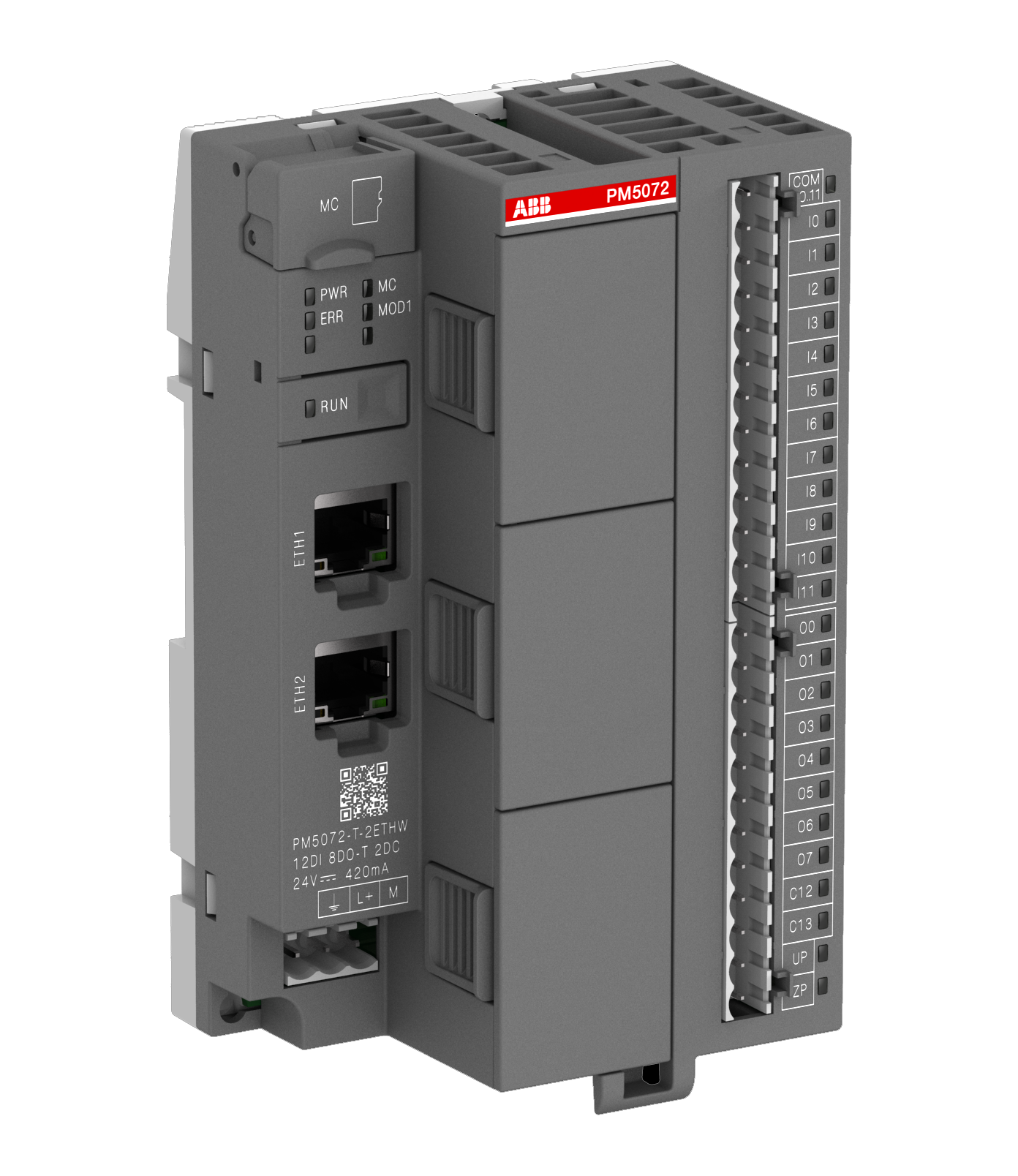 ABB PM5072-T-2ETHW CPU Processor module. Memory 8MB. 12 DI 24VDC. 8 DO 24VDC 0.5A. 2 DC 24VDC. 2 Ethernet interfaces. 3 option slots