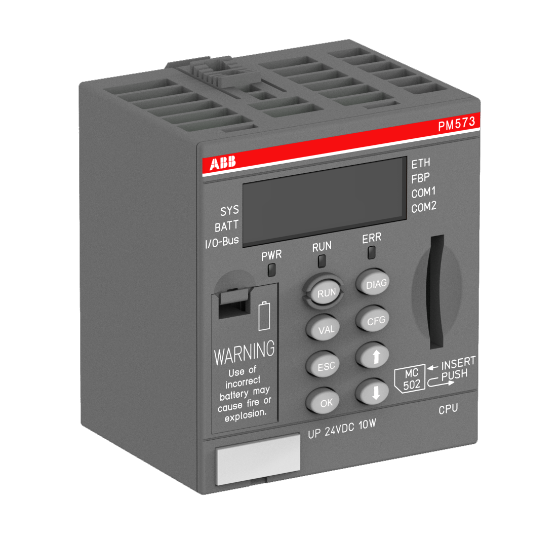 ABB PM573-ETH AC500 CPU Processor module. Memory 512kB. Interfaces: Ethernet, 2x RS232/485