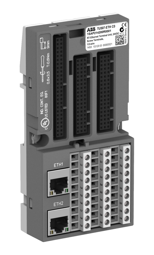 ABB TU507-ETH: S500 Interface terminal unit. For Ethernet protocols. Screw terminals. 2 RJ45 connectors.