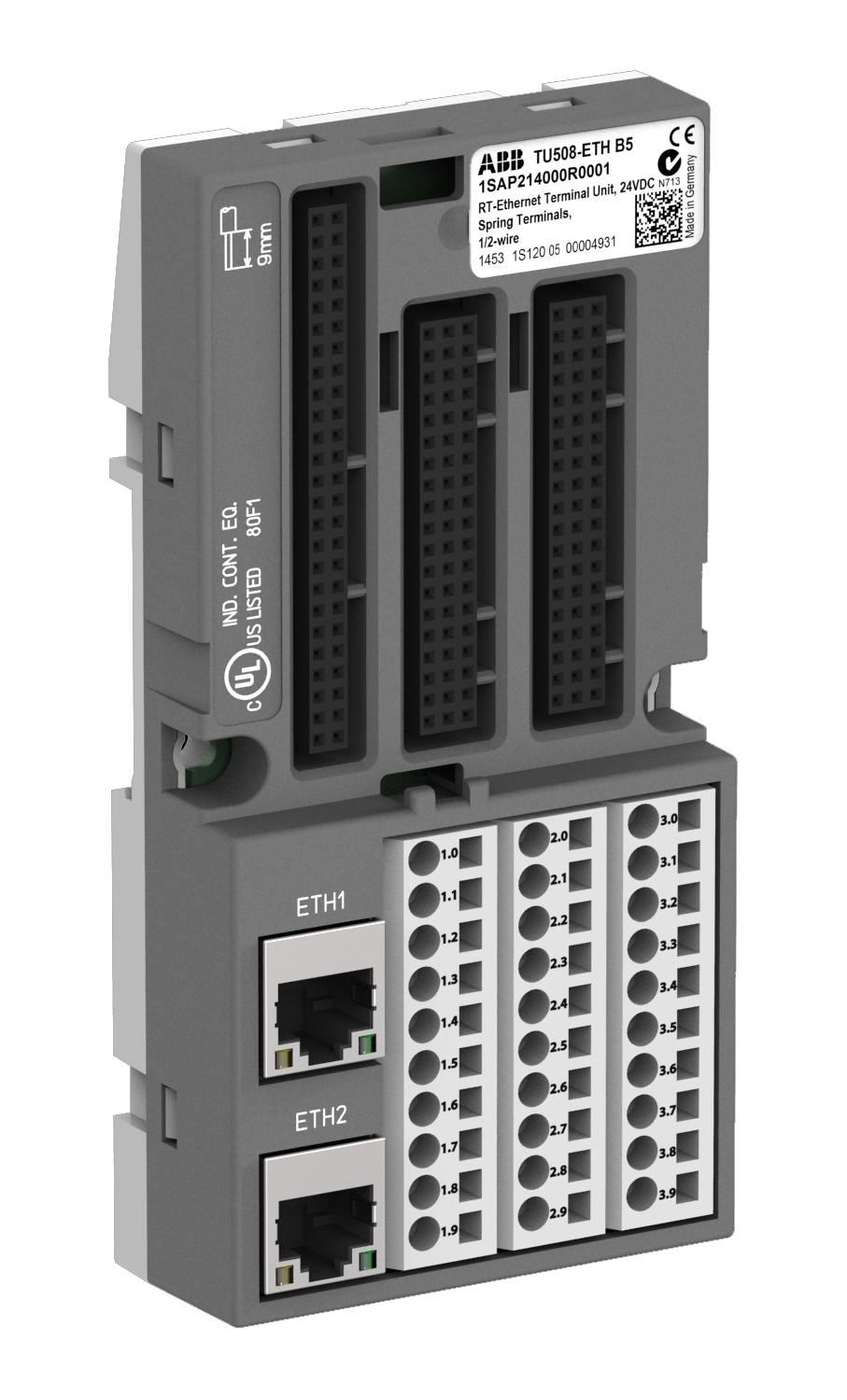 ABB TU508-ETH : S500 Interface terminal unit. For Ethernet protocols. Spring terminals. 2 RJ45 connectors.