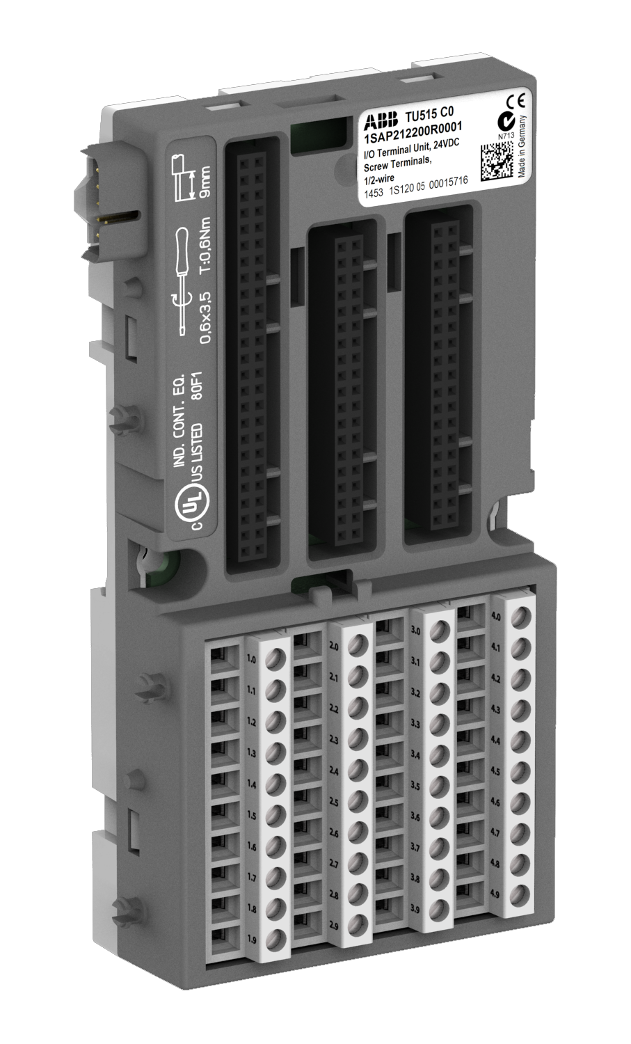 ABB TU515: S500 I/O terminal unit. For analog and 24 VDC digital modules. Screw terminals.