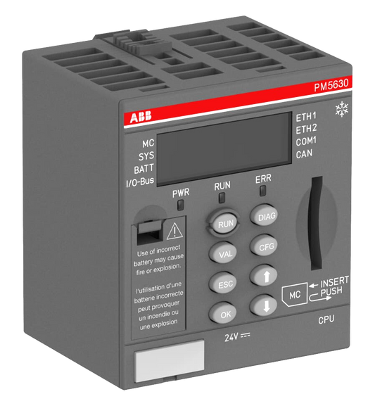 ABB PM5630-2ETH-XC CPU Processor module. Memory 8MB. Interfaces: 2 Ethernet, RS232/485, CAN. Display