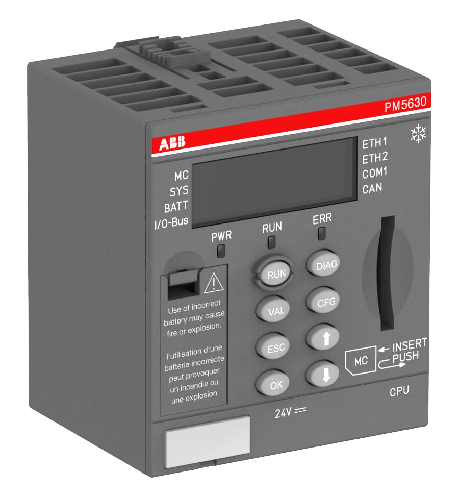 ABB PM5630-2ETH-XC CPU Processor module. Memory 8MB. Interfaces: 2 Ethernet, RS232/485, CAN. Display