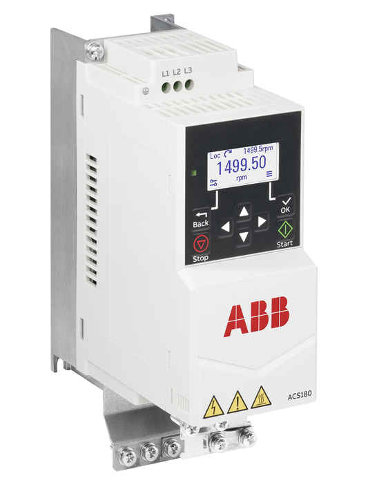 ABB LV ACS180-04S-02A4-1 AC machinery drive module, IEC: Pn 0.37 kW, 2.4 A, 230 V, UL: Pld 0.5 Hp, 2.4 A, 230 V