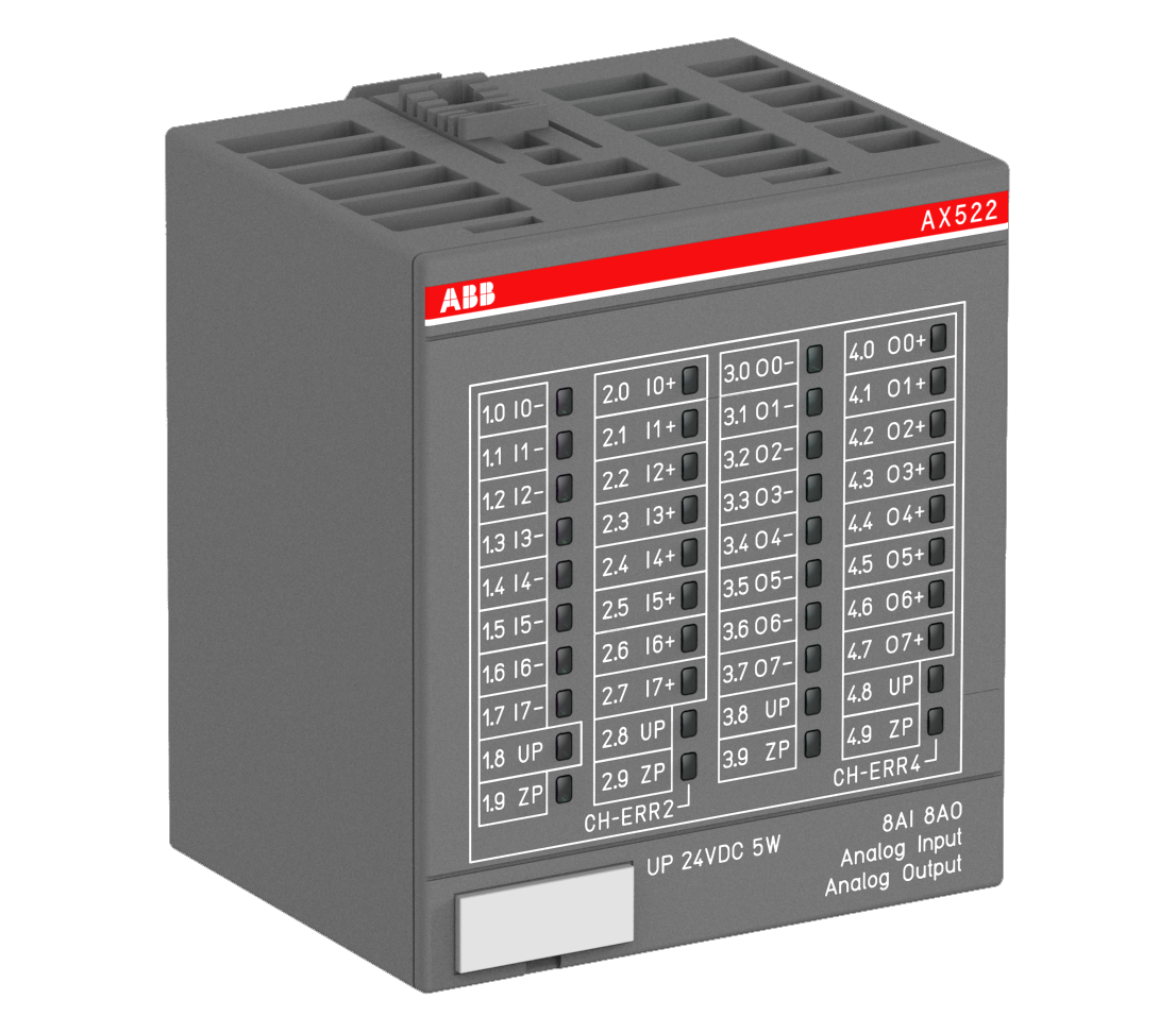 ABB AX522: S500 Analog input/output module. 8 AI: U, I, RTD. 4 AO: U, I. 4 AO: U. 1-wire.