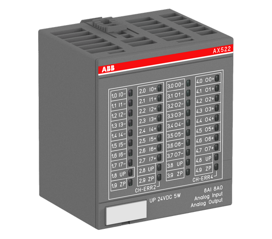 ABB AX522: S500 Analog input/output module. 8 AI: U, I, RTD. 4 AO: U, I. 4 AO: U. 1-wire.