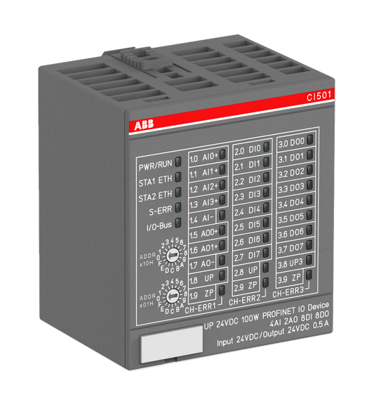 ABB CI501-PNIO : Interface module. PROFINET IO RT device. 4 AI: U, I, RTD. 2 AO: U, I. 8 DI 24VDC. 8 DO 24VDC 0.5A