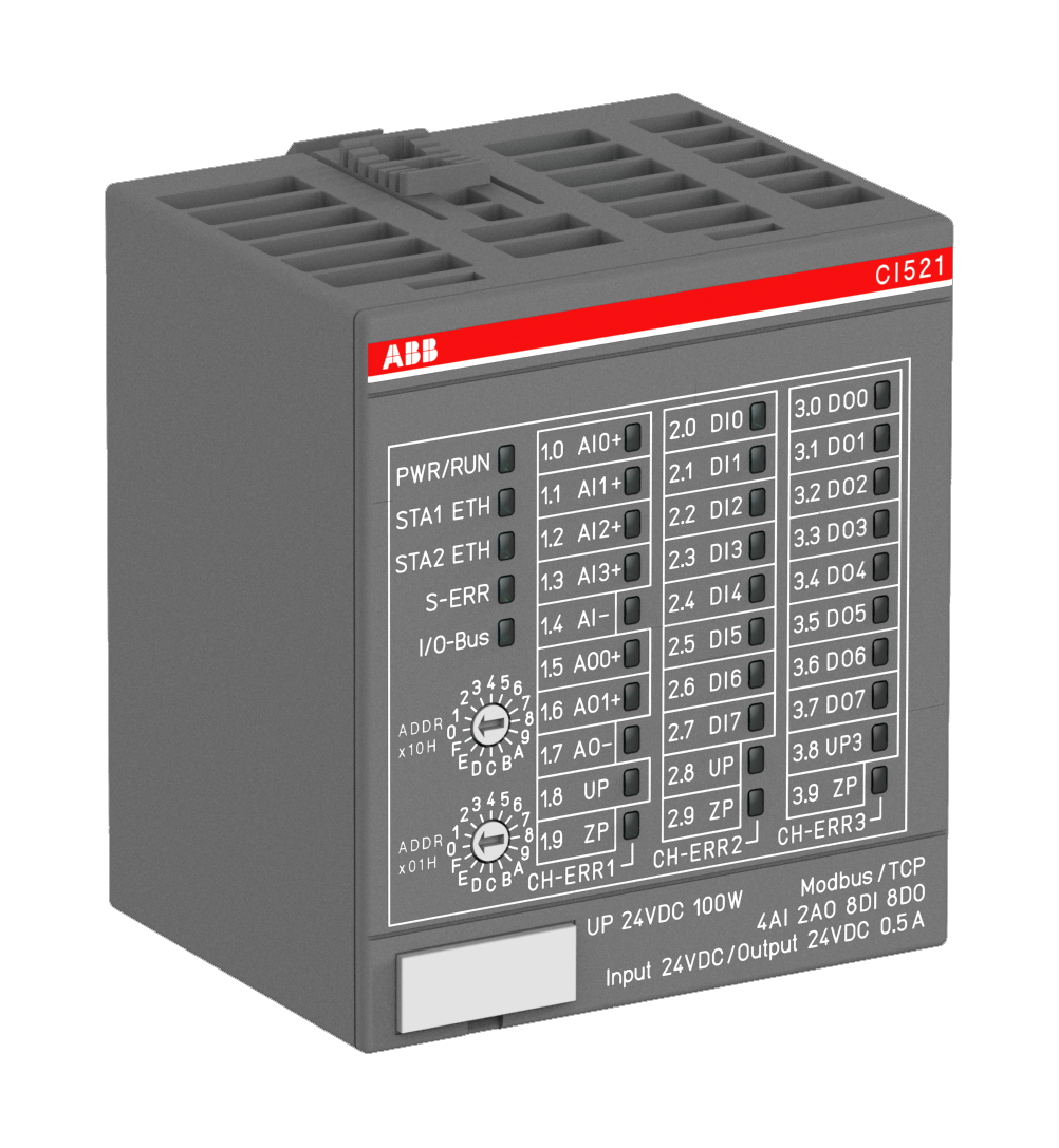 ABB CI521-MODTCP : S500 Interface module. Modbus TCP server. 4 AI: U, I, RTD. 2 AO: U, I. 8 DI: 24VDC. 8 DO: 24VDC 0.5A