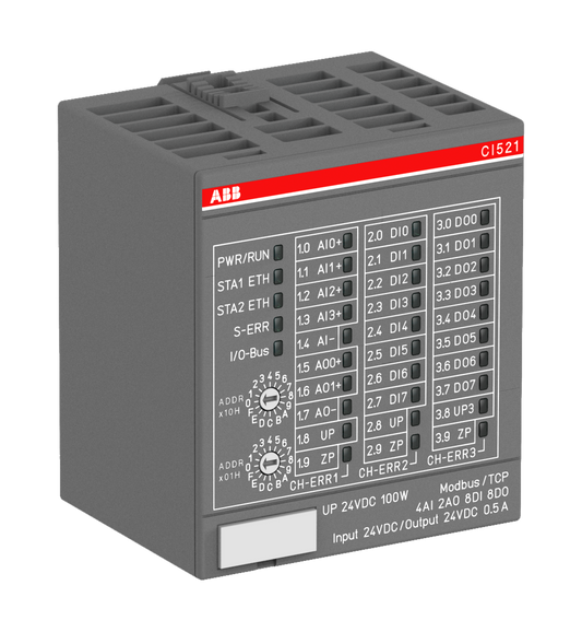 ABB CI521-MODTCP : S500 Interface module. Modbus TCP server. 4 AI: U, I, RTD. 2 AO: U, I. 8 DI: 24VDC. 8 DO: 24VDC 0.5A