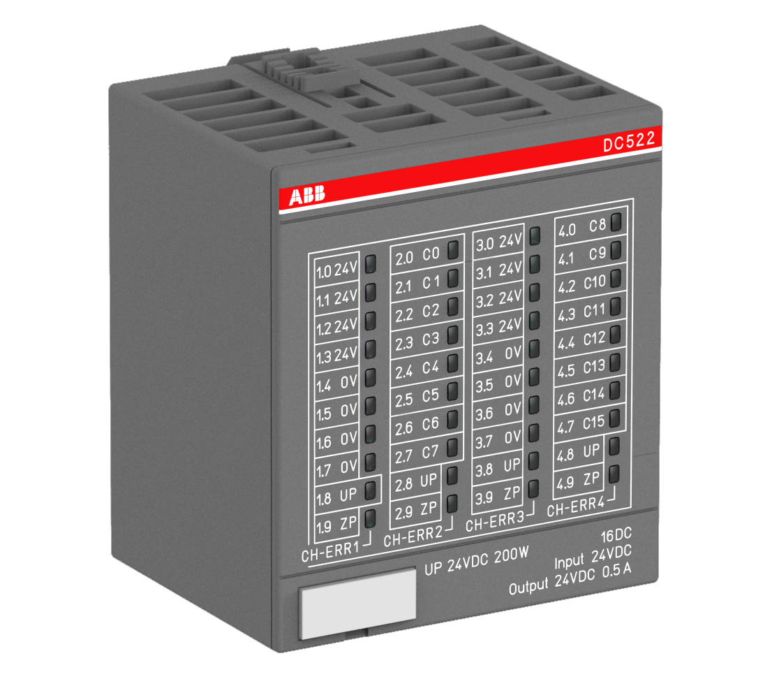 ABB DC522: S500 Digital input/output module. 16 configurable DI/DO: 24VDC 0.5A. 8 aux. terminals 0 V. 8 aux. terminals 24VDC. 2..3 wire.