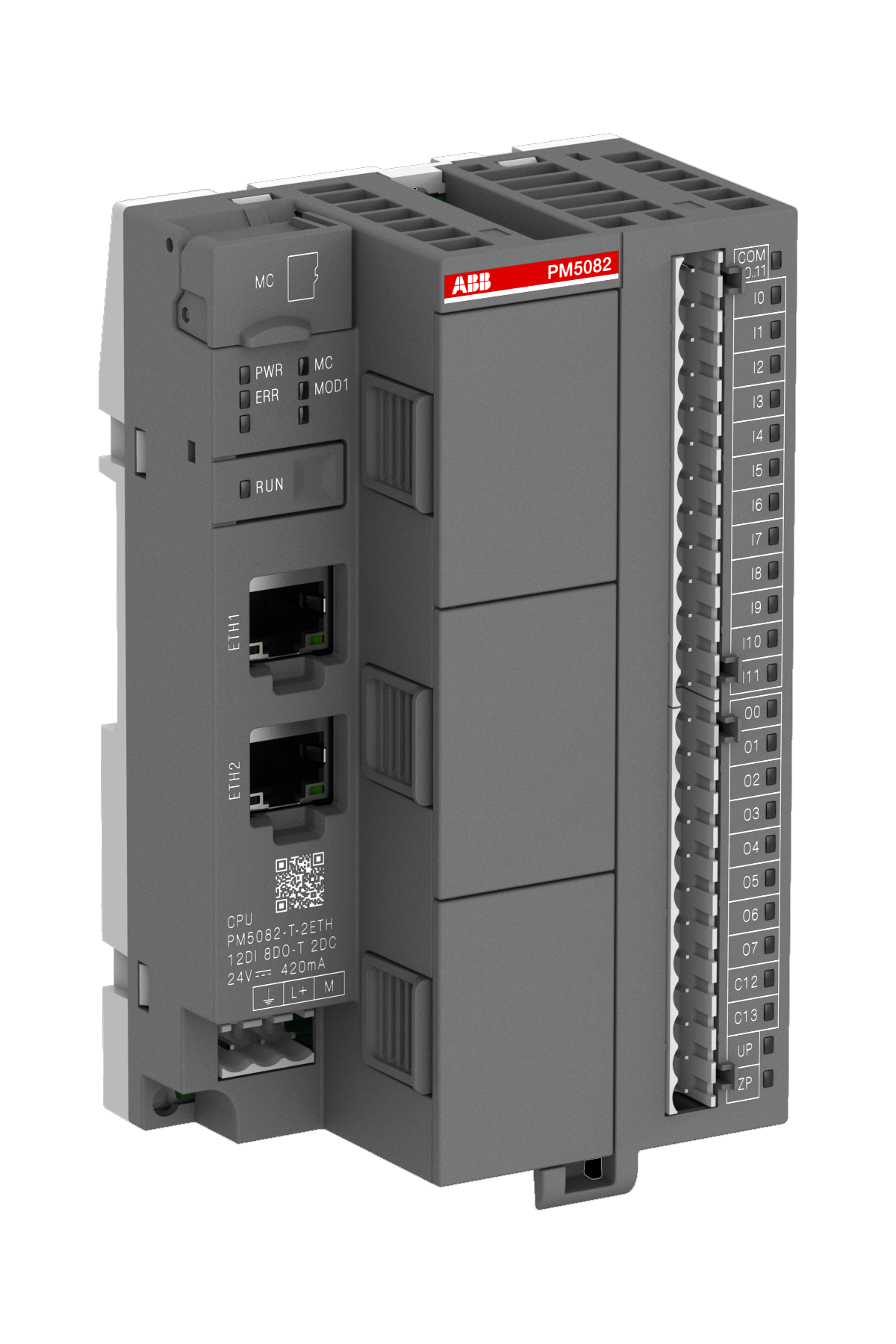 ABB PM5082-T-2ETH: AC500-eCo CPU Processor module. Memory 8MB. 12 DI 24VDC. 8 DO 24VDC 0.5A. 2 DC 24VDC. 2 Ethernet interfaces. 3 option slots.