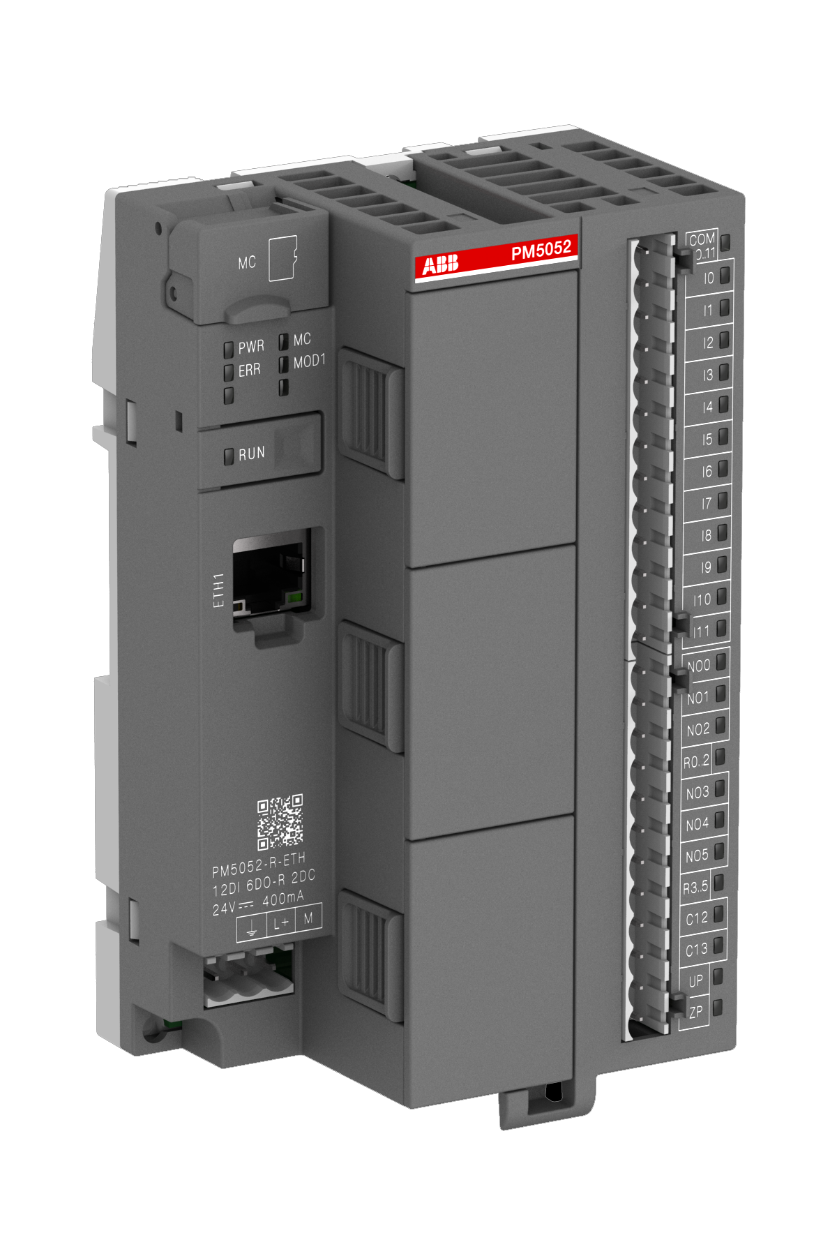 ABB PM5052-R-ETH: AC500-eCo CPU Processor module. Memory 4MB. 12 DI 24 VDC. 6 DO-Relay. 2 DC 24 VDC. Ethernet. 3 option slots.