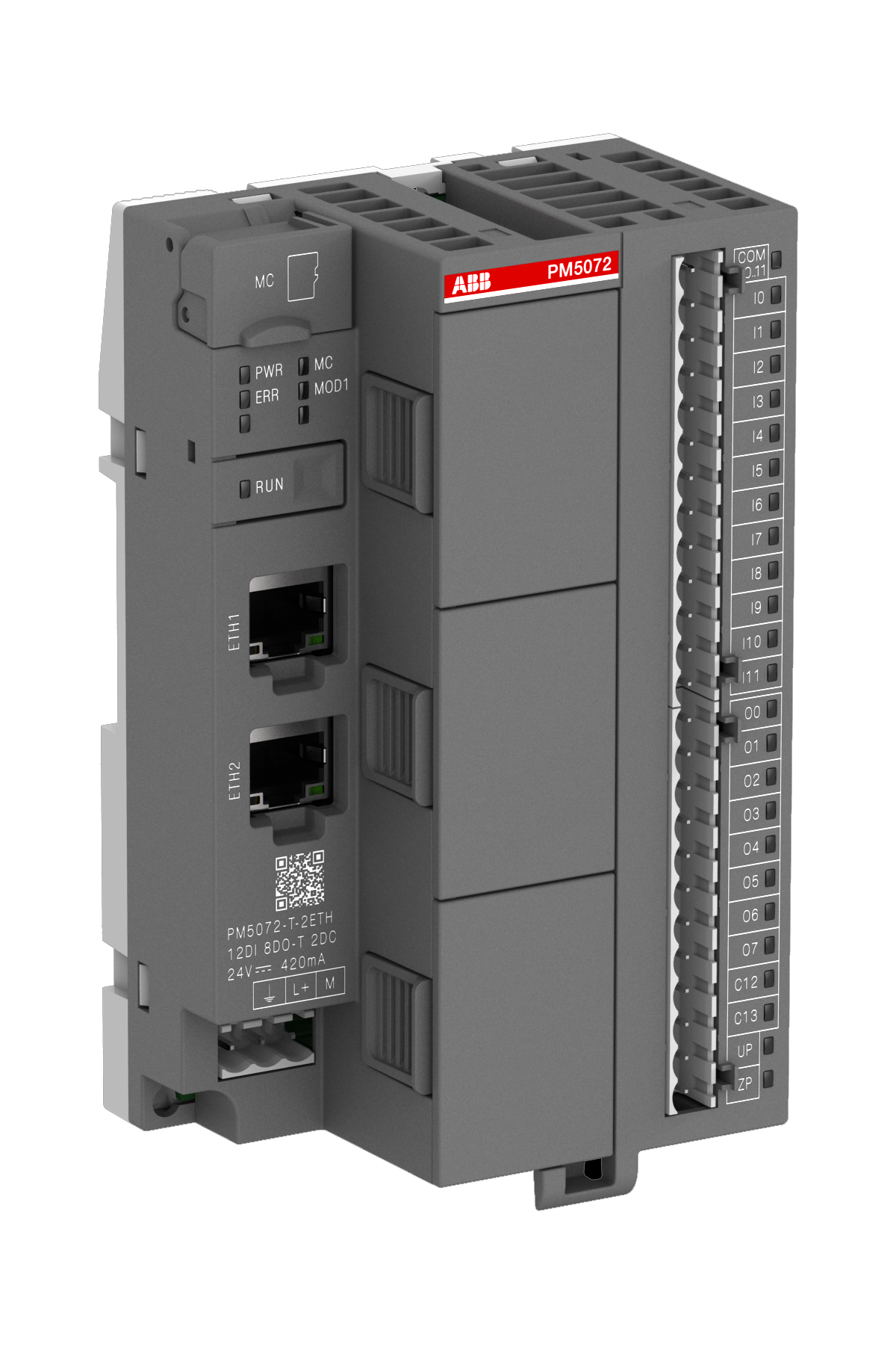 ABB PM5072-T-2ETH: AC500-eCo CPU Processor module. Memory 8MB. 12 DI 24VDC. 8 DO 24VDC 0.5A. 2 DC 24VDC. 2 Ethernet. 3 option slots.