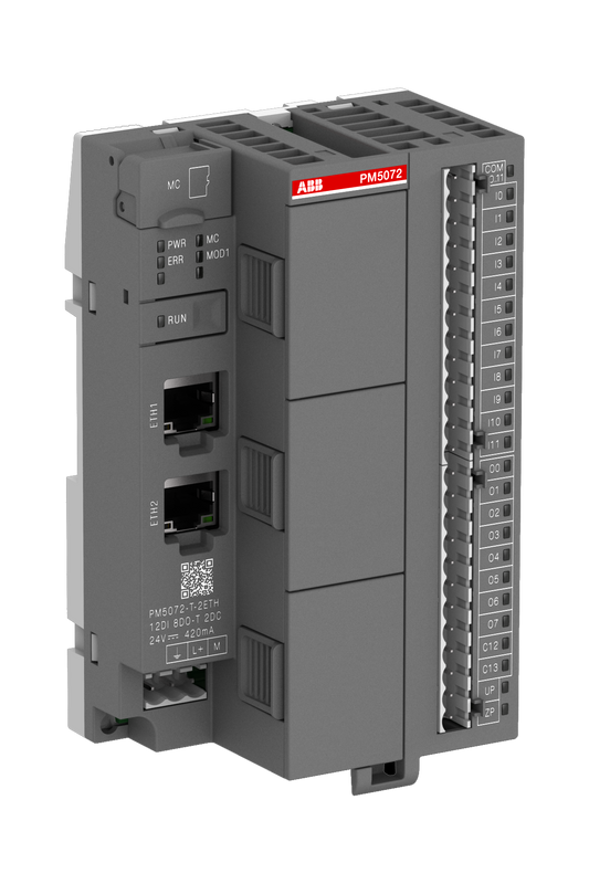 ABB PM5072-T-2ETH: AC500-eCo CPU Processor module. Memory 8MB. 12 DI 24VDC. 8 DO 24VDC 0.5A. 2 DC 24VDC. 2 Ethernet. 3 option slots.