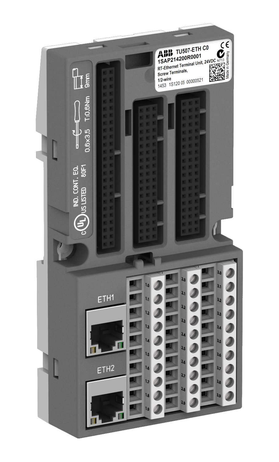 ABB TU507-ETH: S500 Interface terminal unit. For Ethernet protocols. Screw terminals. 2 RJ45 connectors.