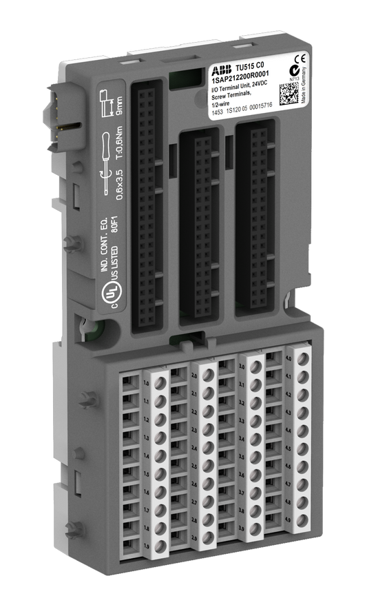 ABB TU515: S500 I/O terminal unit. For analog and 24 VDC digital modules. Screw terminals.