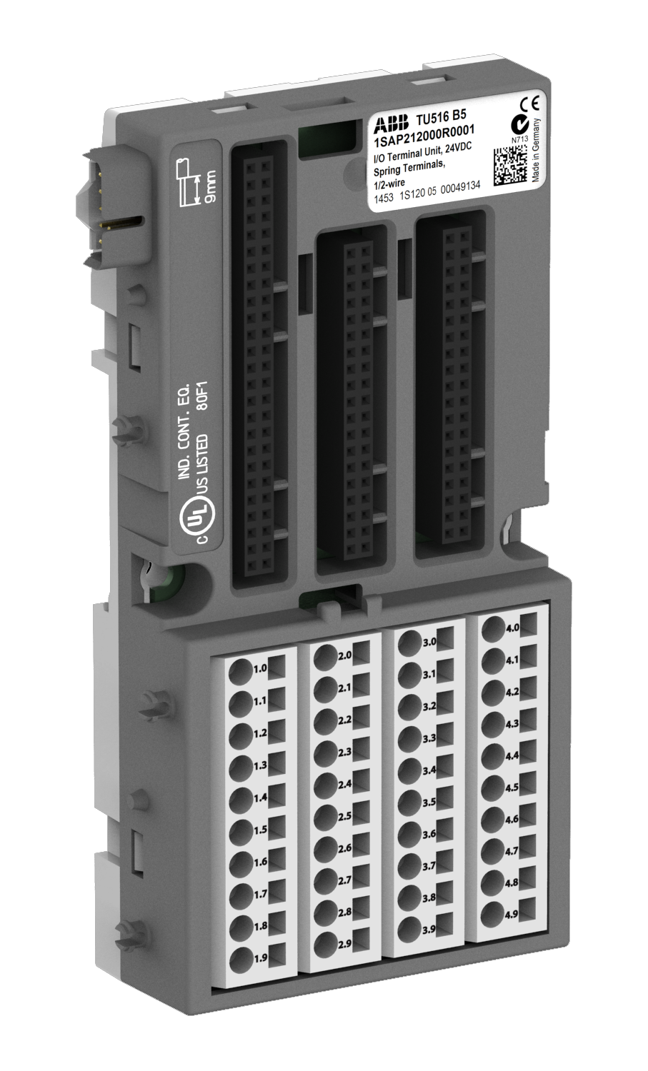 ABB TU516: S500 I/O terminal unit. For analog and 24 VDC digital modules. Spring terminals.
